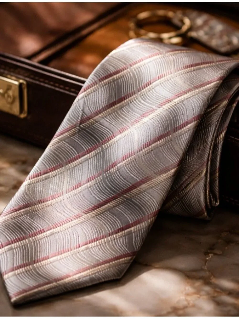 Van Heusen Gray Silver Red Plaid Silk Tie Classic Necktie